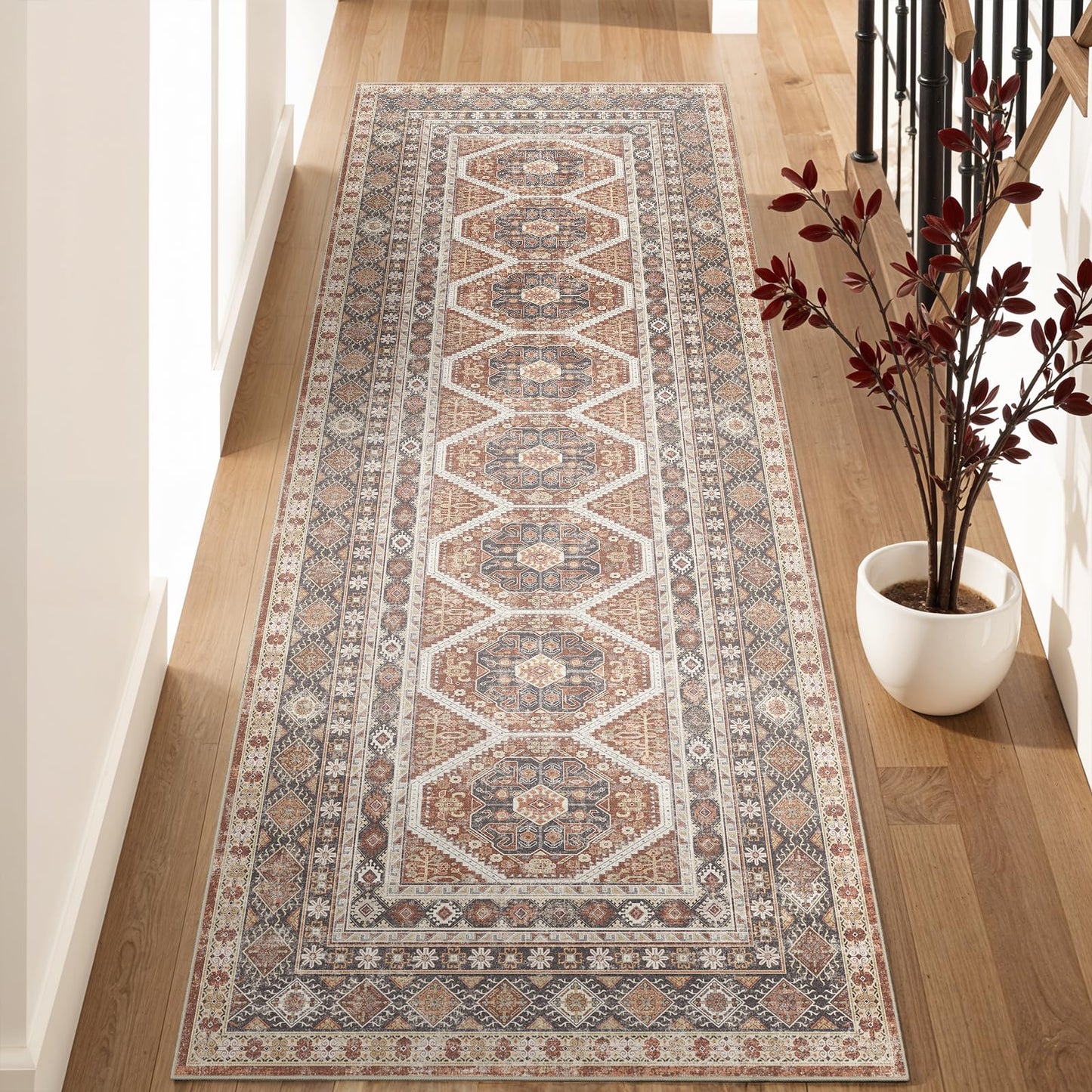 3x8 Runner Rug Kitchen Washable: Oriental Indoor Hallway Runners with Non Slip Backing Floor Mat for Entryway Door Low Pile Thin Carpet for Bedroom Bathroom Living Room Bedside Brick