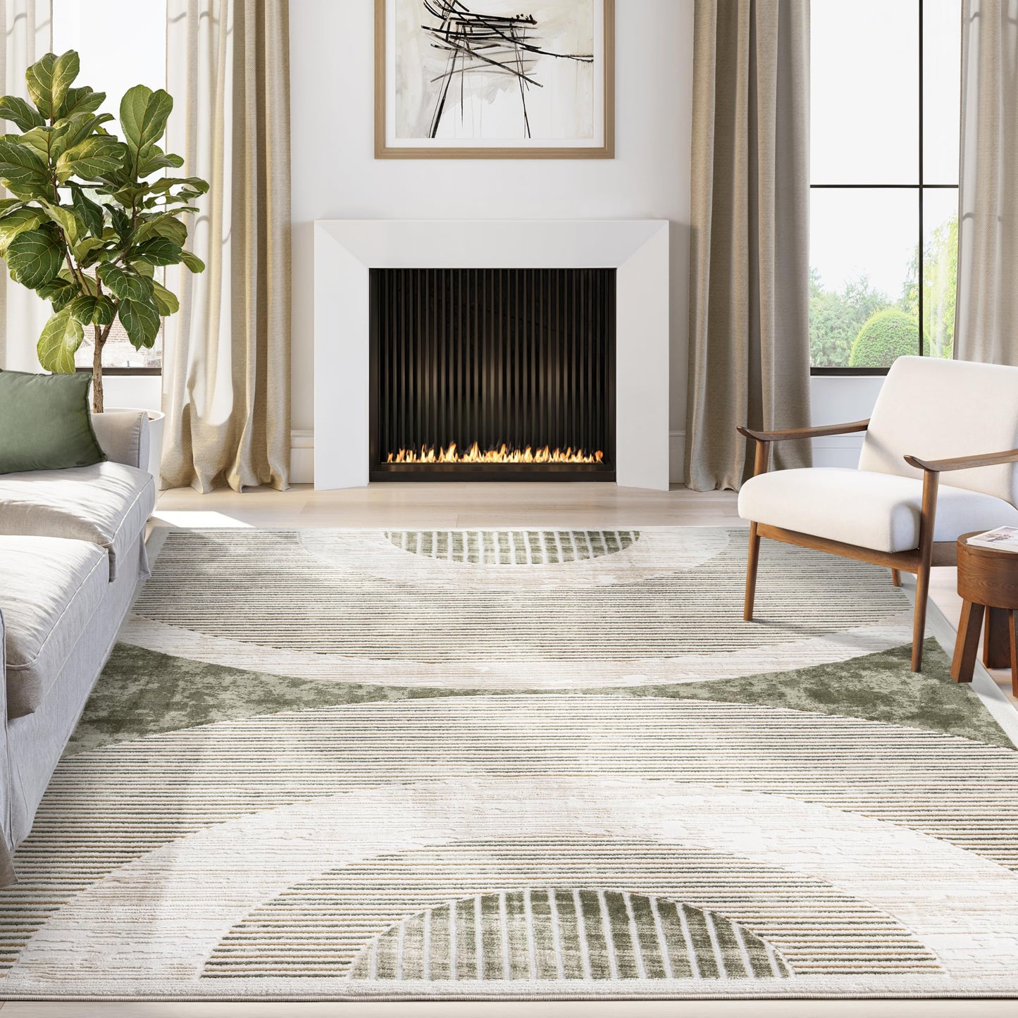 Abani Mid-Century Green Arch Washable Area Rug – 5' x 8' – Modern Geometric Design – Ivy Collection – Non-Shedding, Easy to Clean – Durable for High Traffic Areas – Living Room, Bedroom & Office