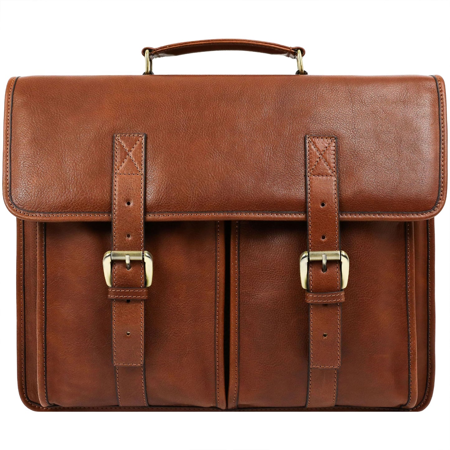 Time Resistance Leather Briefcase for Men - Handcrafted in Italy Full Grain Messenger Bag - Laptop Bag (Cognac Brown)