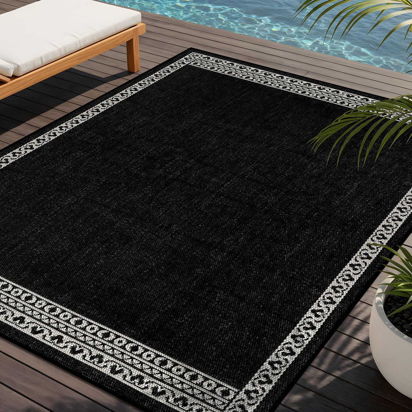 Washable Outdoor Rug 5x7 Modern Area Rugs Outdoor Carpets Bordered Pattern Non Shedding Waterproof Easy Clean Patio Deck Porch Living Room Bedroom Garden RV (5 X 7 Black)