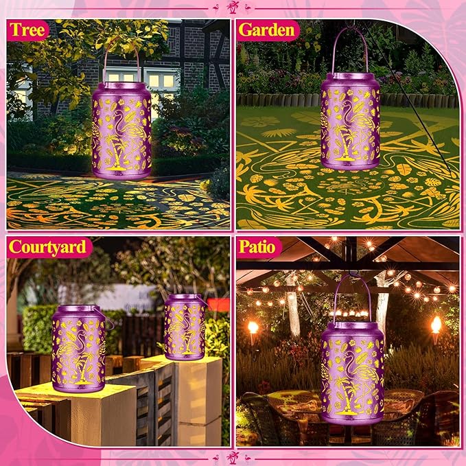 Solar Lanterns Outdoor Waterproof Flamingo Garden Decor Lantern, Gifts for Women ,Retro Metal Hanging Solar Lights Decoration Outside for Yard, Patio,Backyard,Porch (Purple