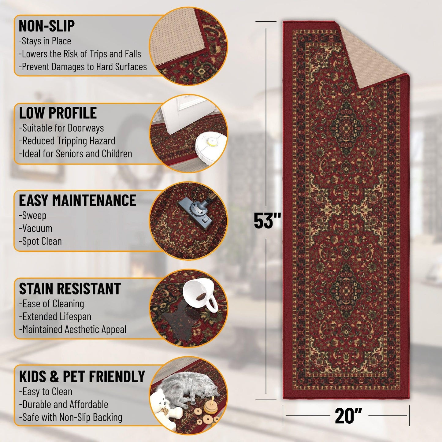 Ottomanson Hallway Runner Rug 20" x 53" Non Slip Oriental Area Rugs Easy to Clean Laundry Rug Runner Durable & Pet Friendly Floor Carpet Runners for Hallways Entryway Living Room Kitchen, Red