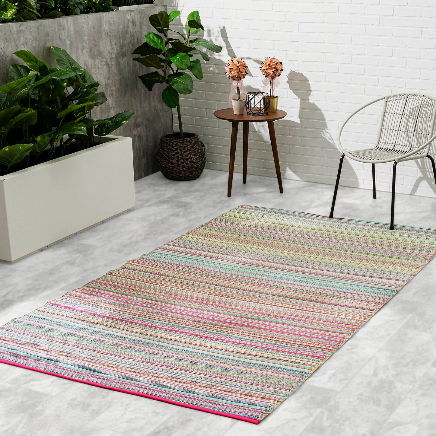 Fab Habitat Outdoor Rug - Waterproof, Fade Resistant, Crease-Free - Premium Recycled Plastic - Striped - Patio, Deck, Porch, Balcony, Laundry Room - Cancun - Candy - 4 x 6 ft