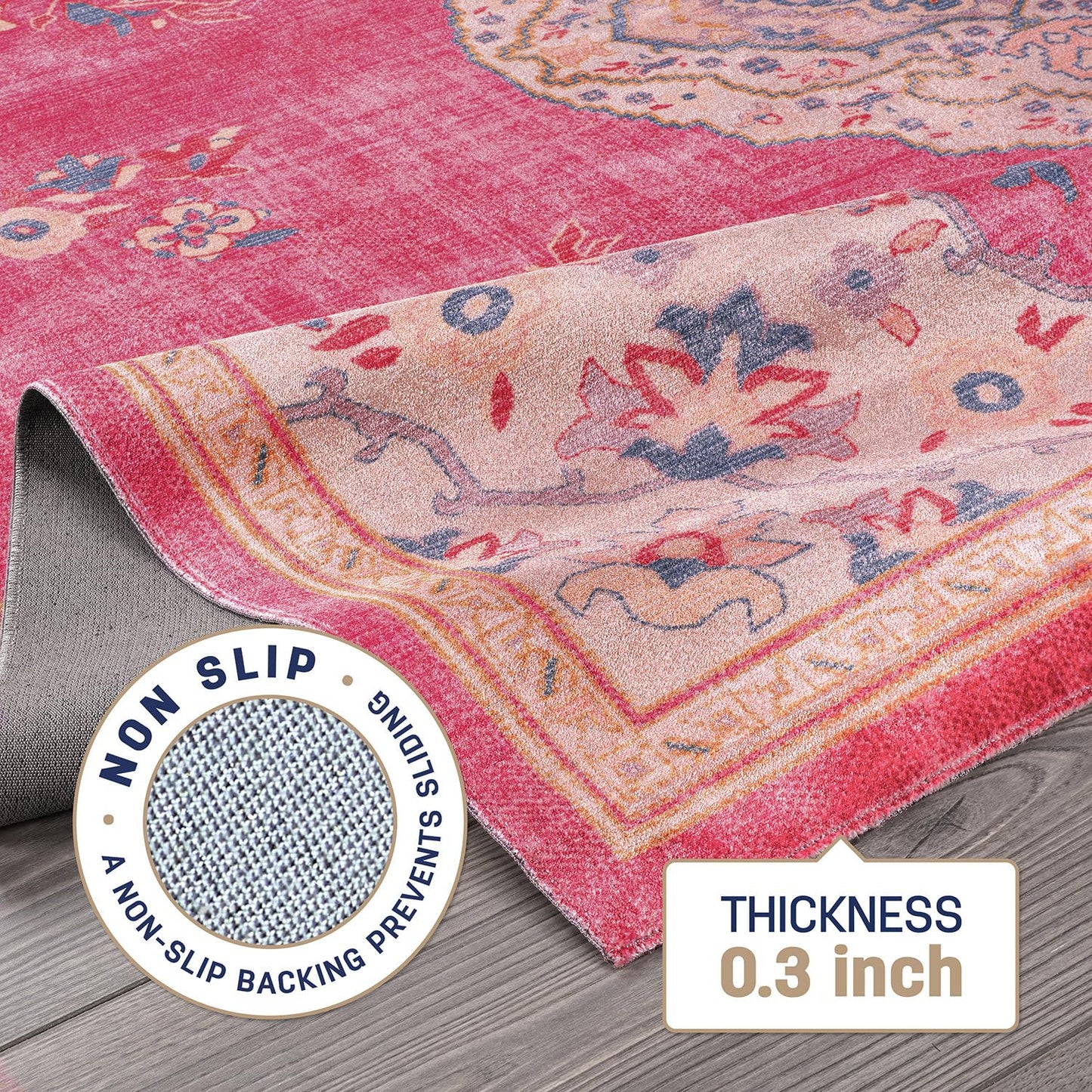 Beverly Rug Non Slip Rugs 5x7 Boho Medallion Floral Non Skid Rubber Backing Easy Silk Soft Area Rug for Living Room Easy to Clean Non Shedding Kitchen Bedroom Indoor Carpet (5 x 7 Fuchsia - Cream)