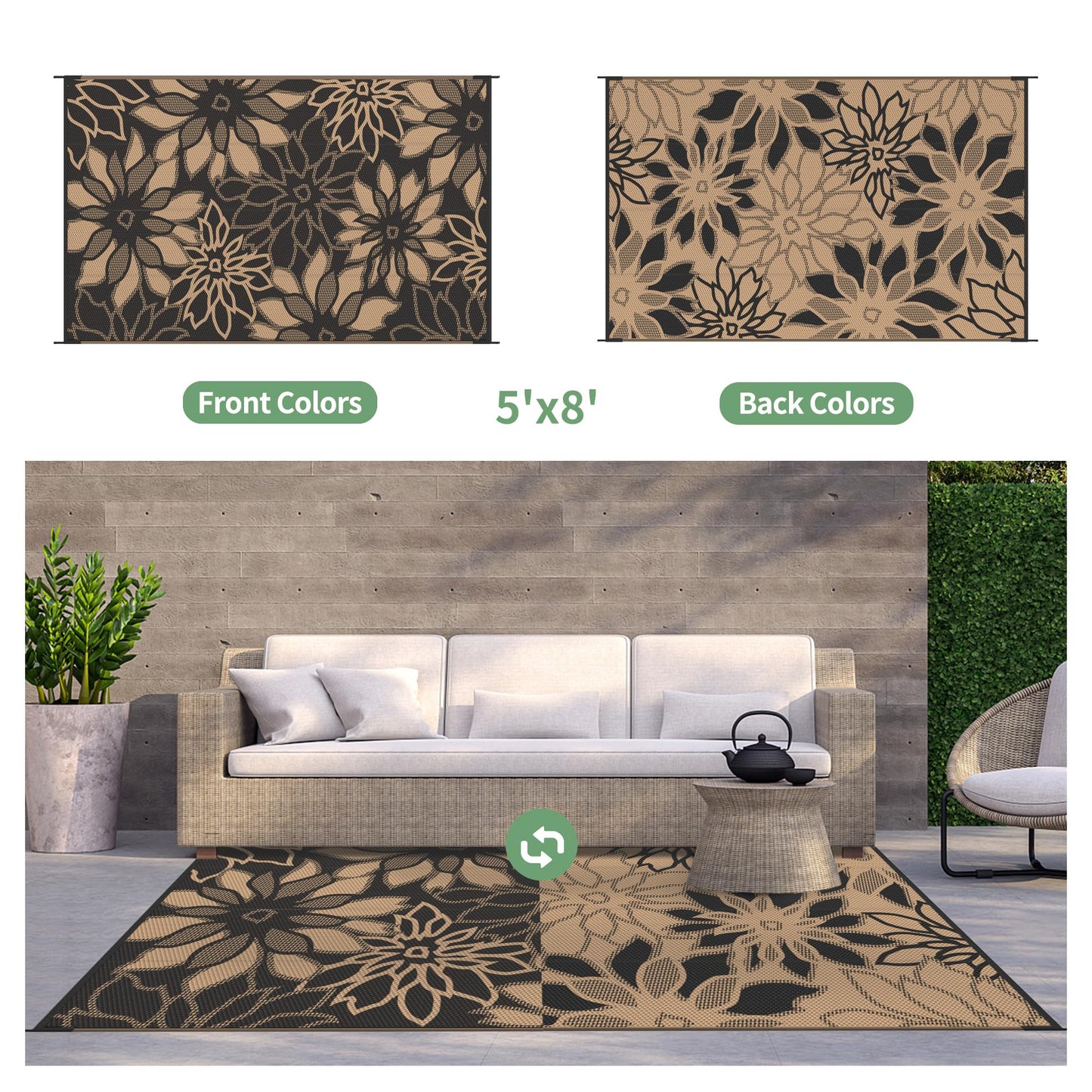GENIMO Outdoor Rug Waterproof for Patio Decor, 5' x 8' Reversible Plastic Straw Floral Camping Carpet, Large Area Rugs Mats for RV, Camper, Deck, Balcony, Porch, Beach, Picnic, Black & Brown