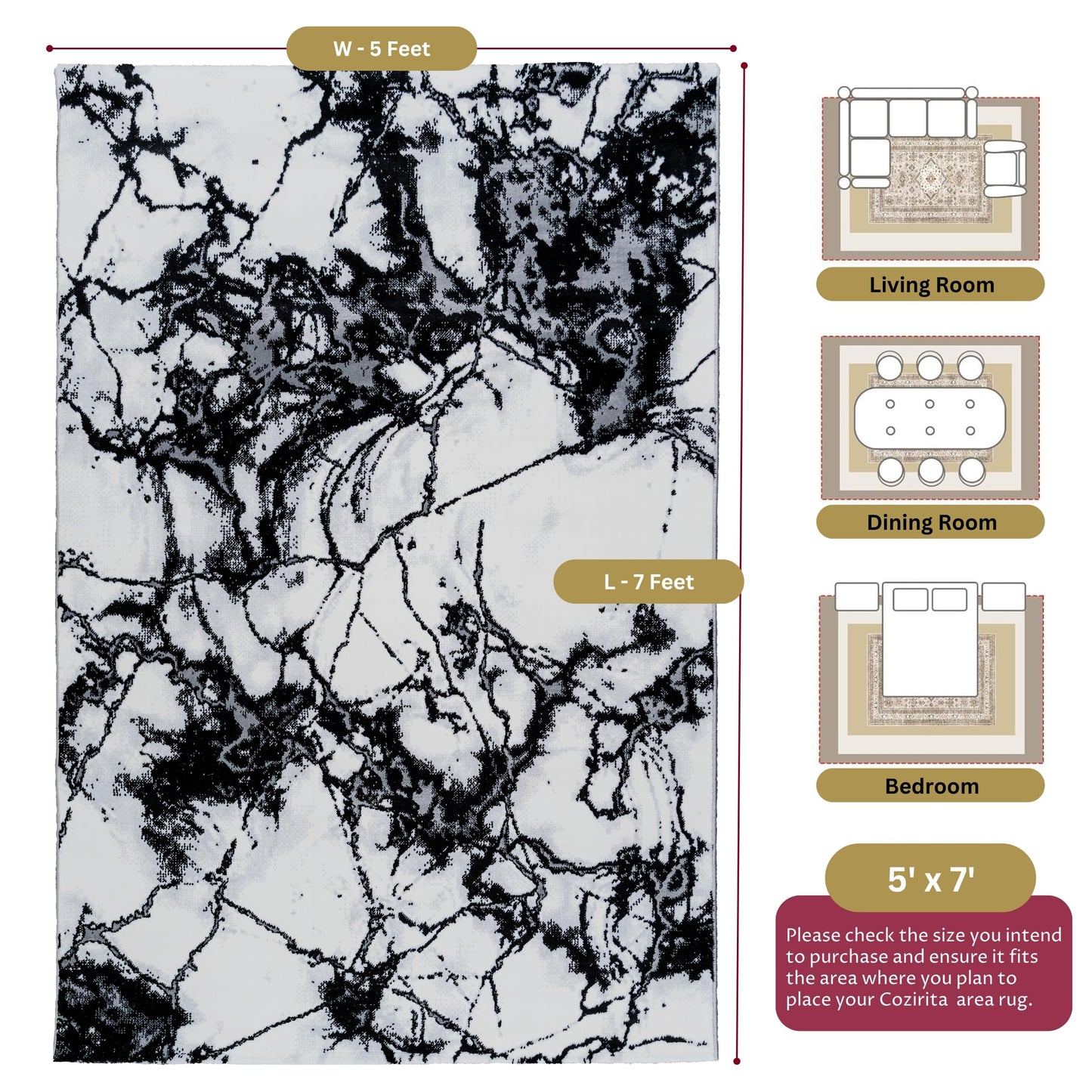 CoziRita 5x7 Modern Abstract Area Rug for Living Room, Soft Medium Pile Carpet, Non-Shedding Easy Care, High Traffic Floor Rug, Family Friendly, Pet Friendly, Designed for Real Homes - Black Marble