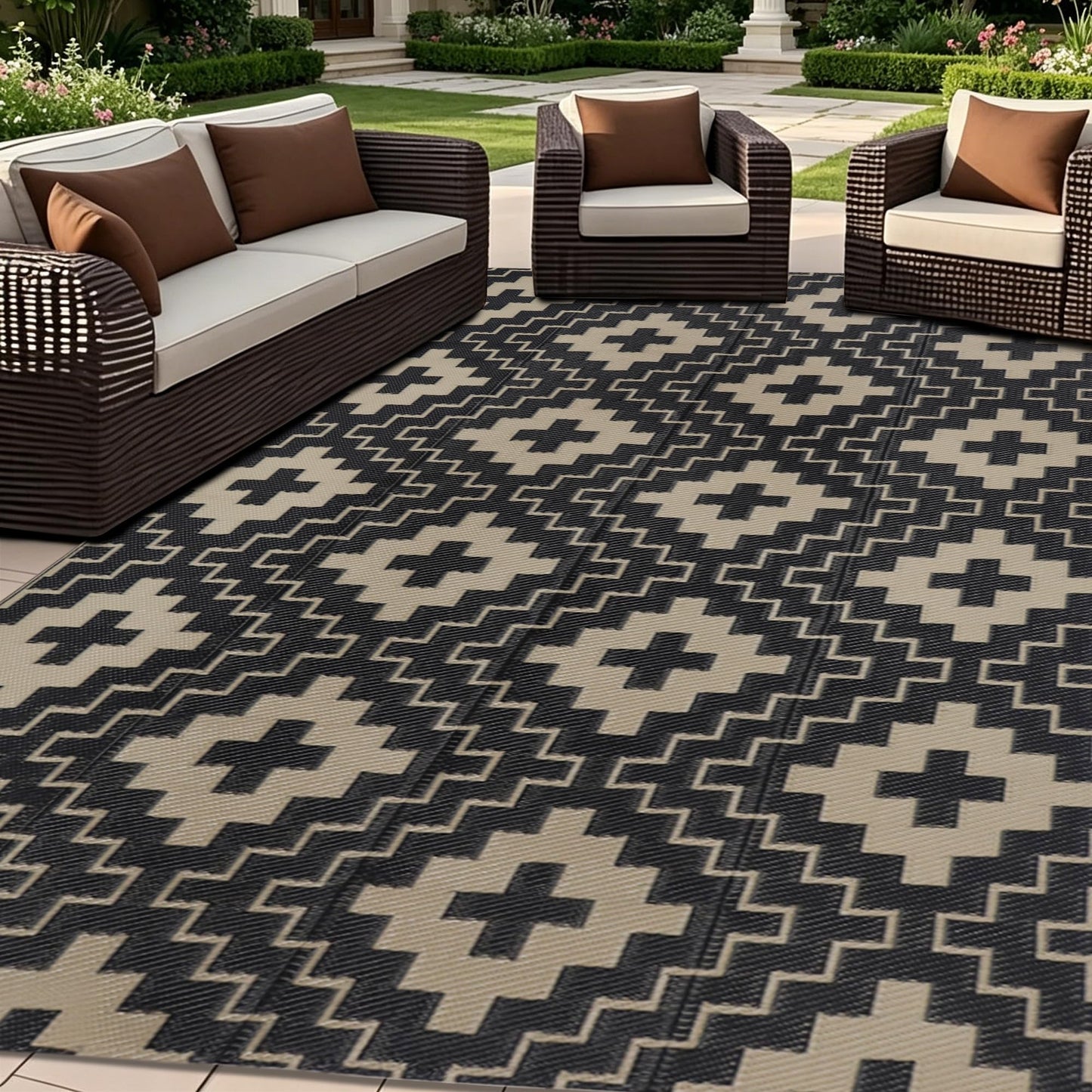 SAND MINE Waterproof Outdoor Rug 5x8 ft, Reversible Plastic Straw Area Rug, Large Floor Mat for Patio, Backyard, Deck, RV, Camping, Picnic, Beach, Balcony & Porch - Black & Beige