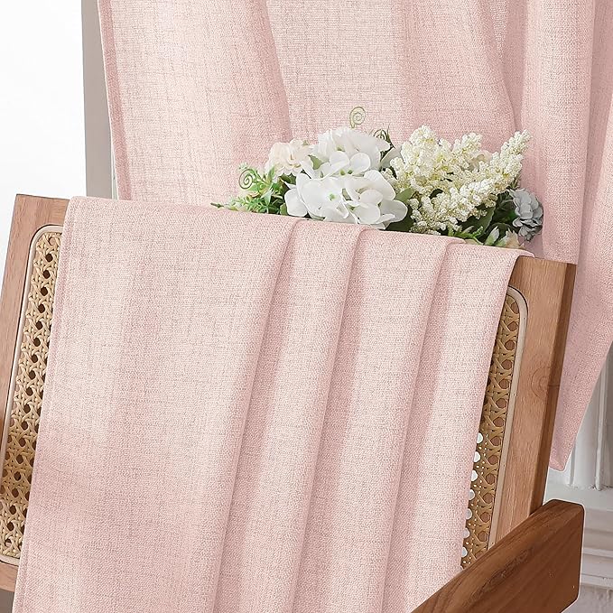 Tollpiz Short Linen Curtains Bedroom Rod Pocket Semi Sheer Curtain Burlap Light Filtering Thick Linen Drapes for Living Room, 38 x 45 inches Long, Pink, Set of 2 Panels