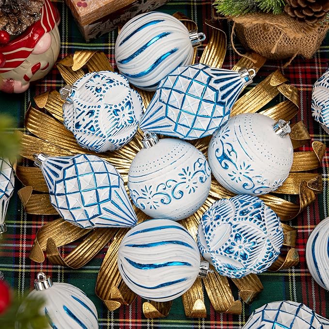 16PCS Shatterproof Christmas Ball Ornaments Set, Hand-Painted Holiday Decor with Assorted Sizes & Designs for Christmas Tree Thanksgiving Party Decoration, Blue-White