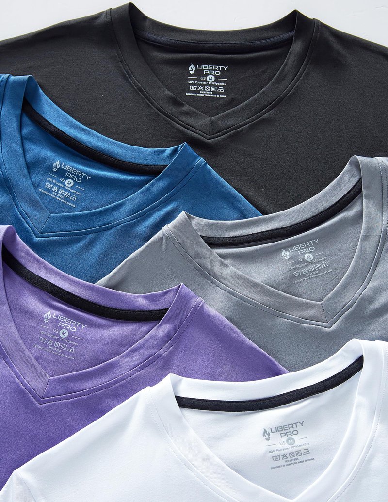 5 Pack Mens V-Neck Dry Fit T-Shirts, Active Athletic Short Sleeve Workout Tops, Performance Gym Tees, Available in Plus Size (Set 4, Medium)
