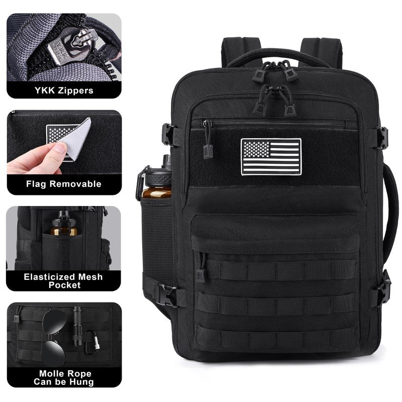 MOZETO TSA Approved Carry On Backpack, Extra Large Tactical Travel Backpack for Men, Airplane Approved Weekender Bag, Water Resistant Lightweight Laptop Daypack for Flight, Black