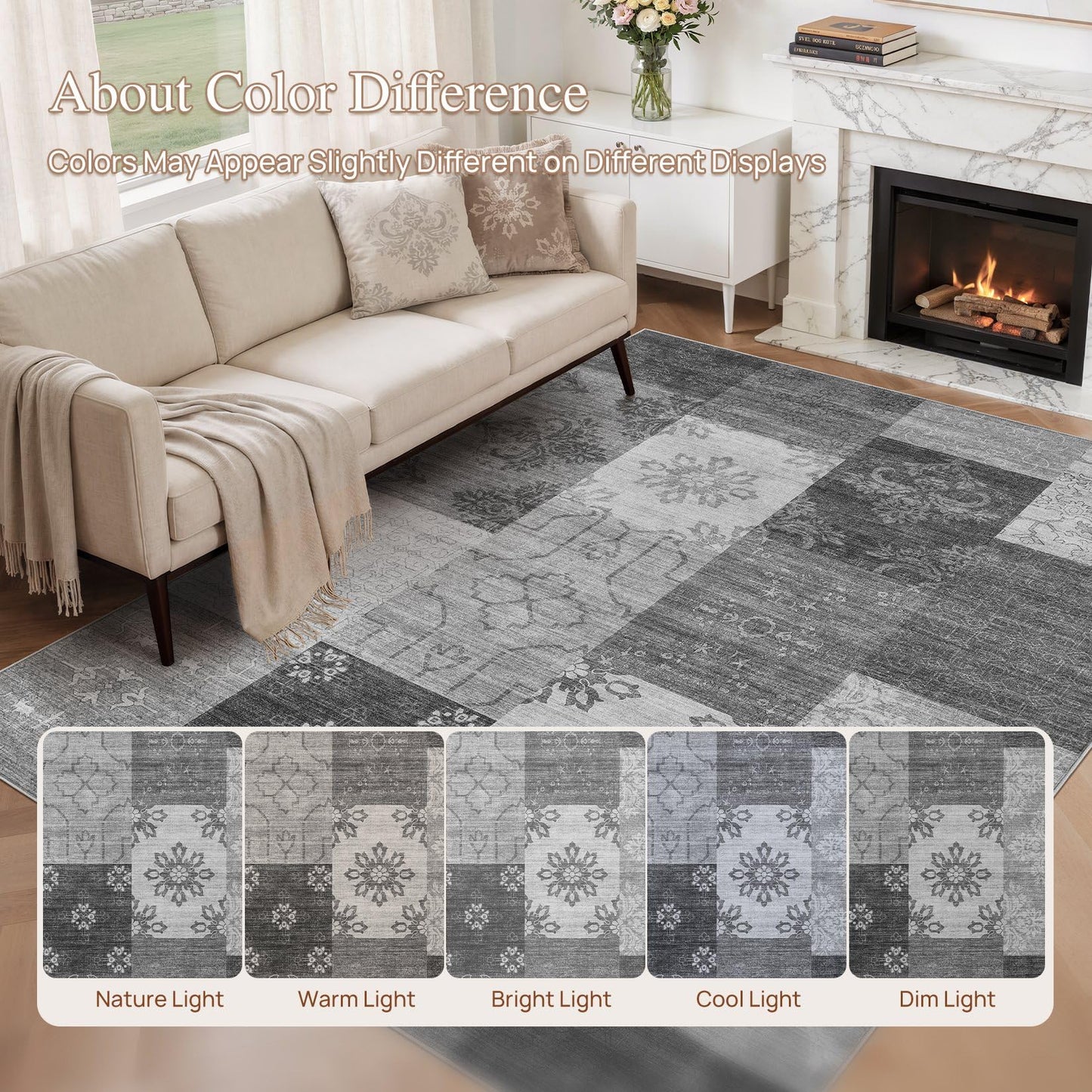 UERMEI 8x10 Area Rug Washable, Gray Modern Geometric Rugs for Living Room, Non-Slip Patchwork Carpet, Stain Resistant Low-Pile Foldable Rug for Bedroom Dining Room
