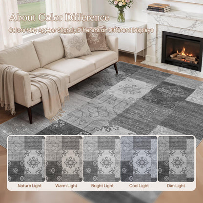 UERMEI 8x10 Area Rug Washable, Gray Modern Geometric Rugs for Living Room, Non-Slip Patchwork Carpet, Stain Resistant Low-Pile Foldable Rug for Bedroom Dining Room