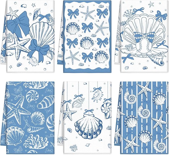 Breling Set of 6 Coastal Beach Kitchen Towels Blue Bow Dish Towel Bathroom