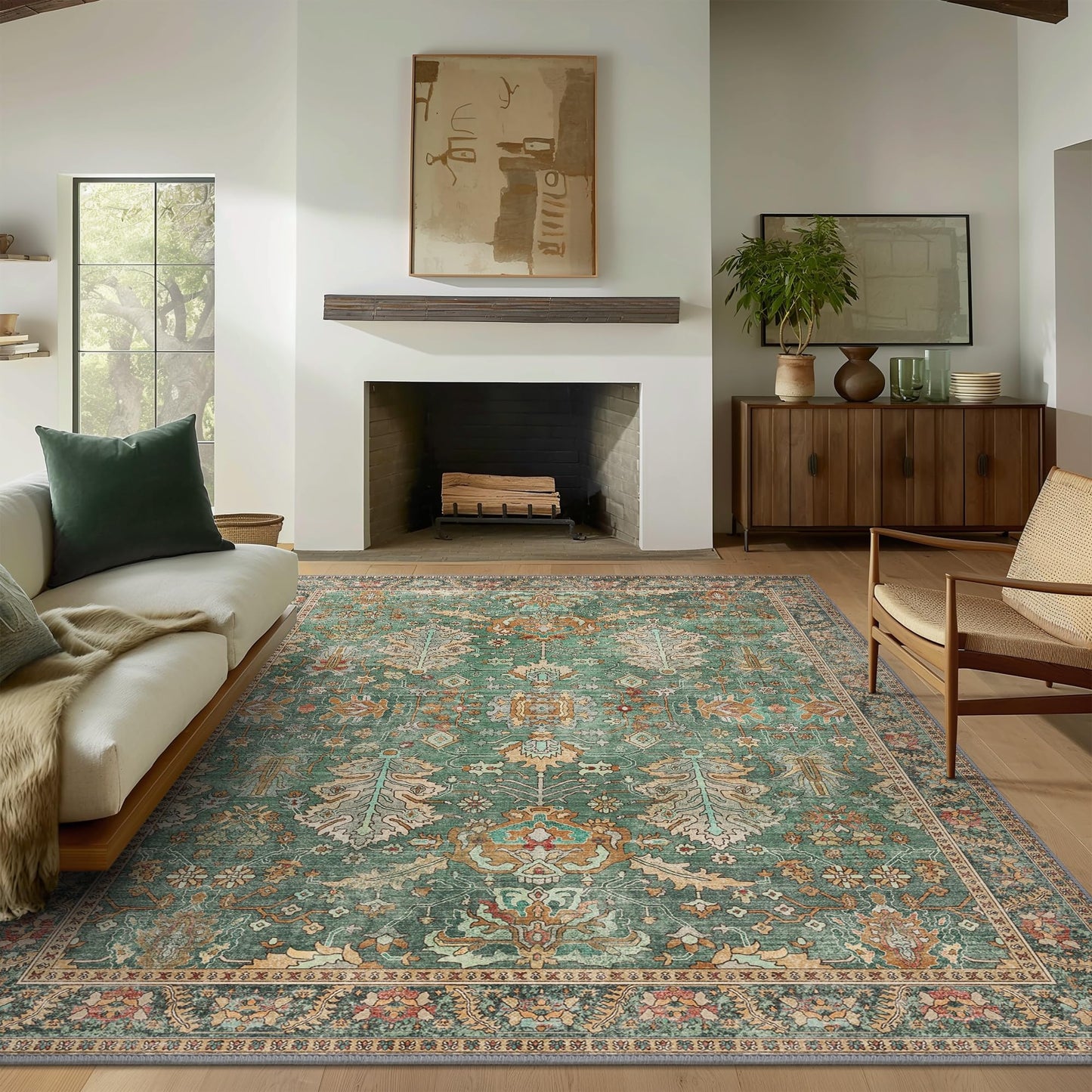 Bavni Washable Area Rugs 8x10 Green Boho Rug Tumble Vintage Large Carpet for Living Room Bedroom Dining Room, Non Slip Thin Low Pile Chenille, Dark Sage/Gold