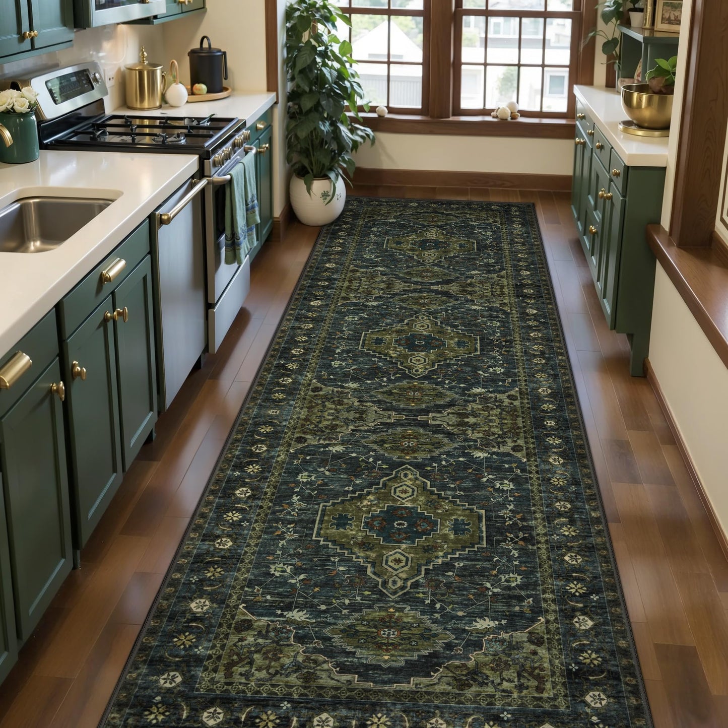Tangsoo 3x8 Washable Runner Rug for Hallways, Non Slip Vintage Runner Rug, Soft Low Pile Long Rug Runner, Print Distressed Green Carpet Runners for Kitchen Bedroom Entryway Bathroom Living Room