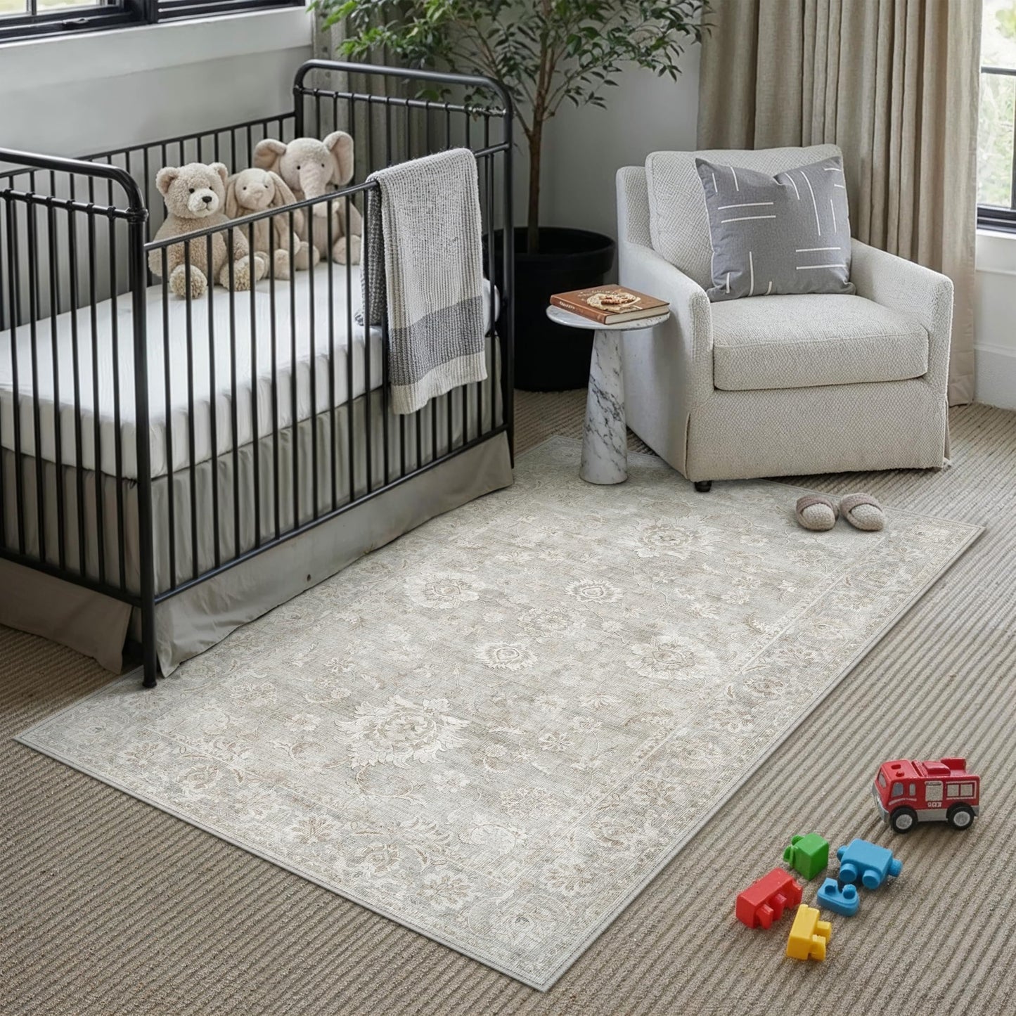 WondRg 4x6 Grey Washable Area Rug for Living Room Bedroom Neutral Floral Soft Non Slip Rug Low Pile Distressed Carpet for Dining Room Nursery Office Indoor