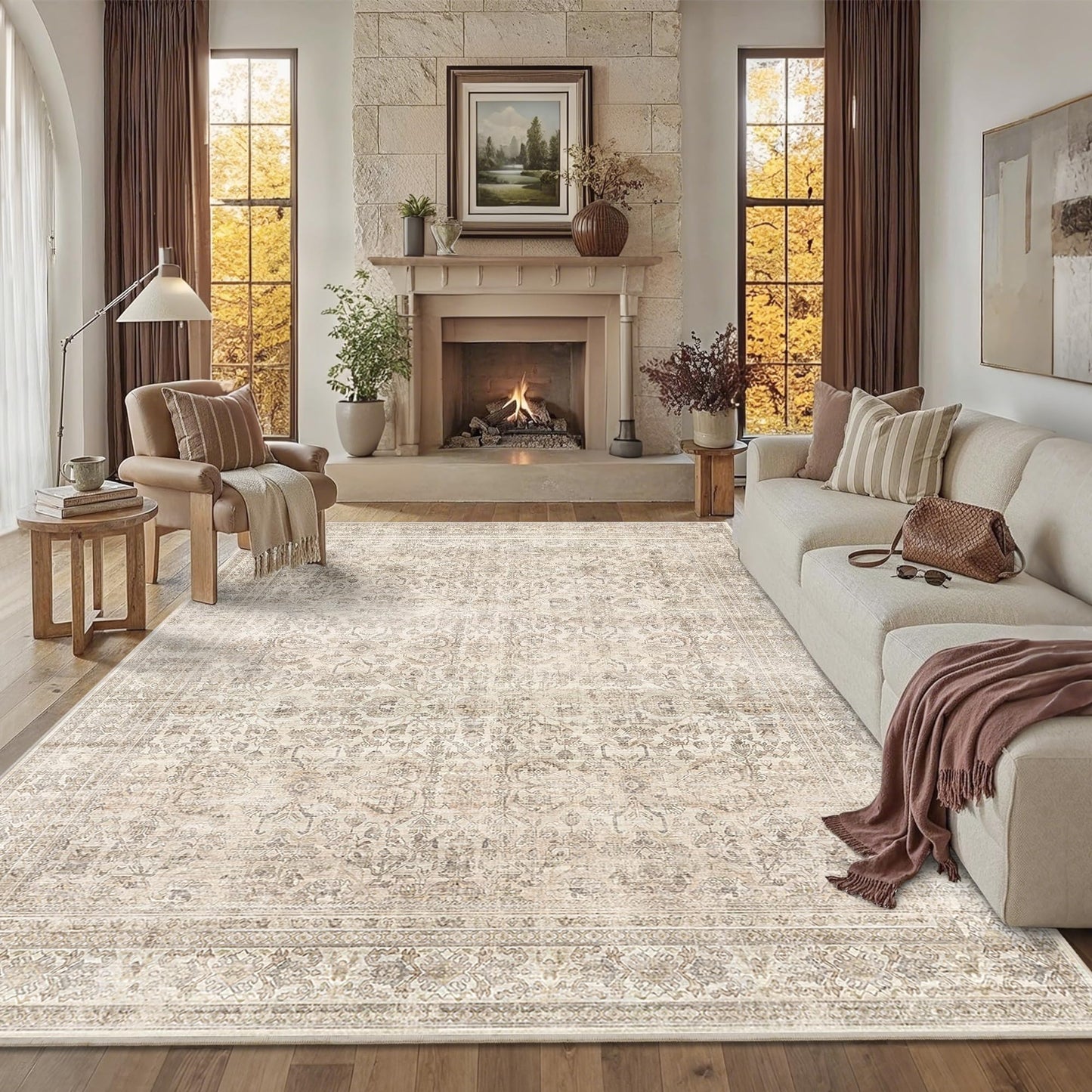 Schweek 9x12 Washable Area Rug Beige Neutral Vintage Distressed Rugs Large Non-Slip Living Room Area Rugs, Soft Low Pile Carpet Indoor Mat Throw Rug for Bedroom Dining Room Office Nursery