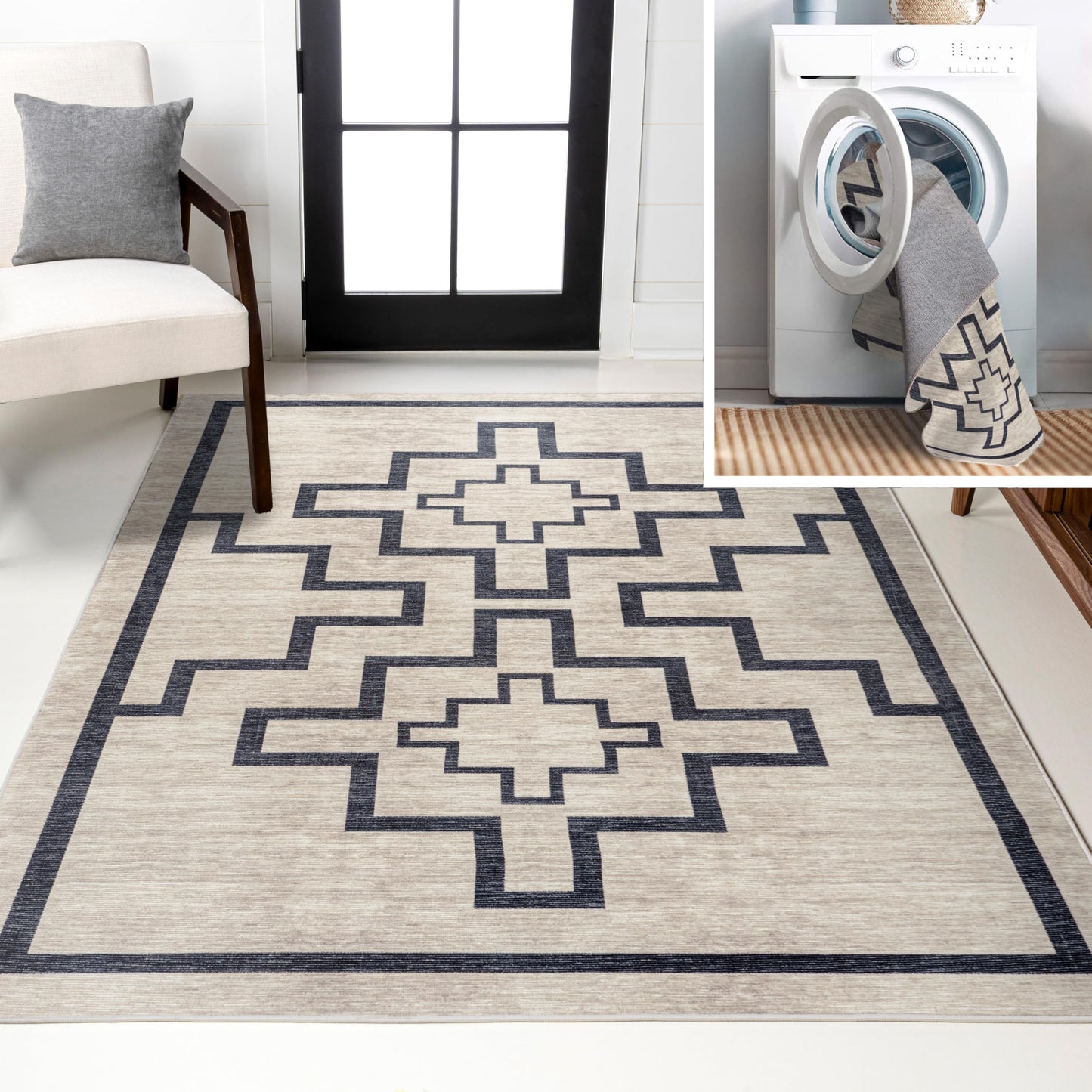 JONATHAN Y Machine Washable Indoor Area Rug 3X5 Ivory/Dark Gray, Ashkii Minimalist Medallion for Living Room, Bedroom, Kitchen, Office, Easy-Cleaning, Pet-Friendly, Non-Shedding WSH115A-3