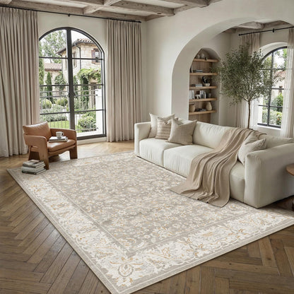 WondRg 8x10 Washable Area Rug for Living Room Bedroom Taupe Low Pile Non Slip Rug Neutral Distressed Carpet Dining Room Classroom Playroom Home Decor