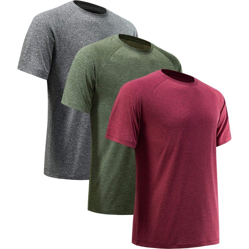 MCPORO Workout Shirts for Men Short Sleeve Quick Dry Athletic Gym Active T Shirt Moisture Wicking 3 Pack Dark Grey, Army Green, Wine Red Medium