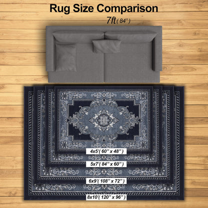 HADBA Modern 8 x 10 Rug for Living Room - Navy Oriental Large Area Rugs for Living Room Dining & Bedroom - Hand Carved Runner Carpet - Durable Polyester - Non-Fade Stain-Resistant - Turkish Made