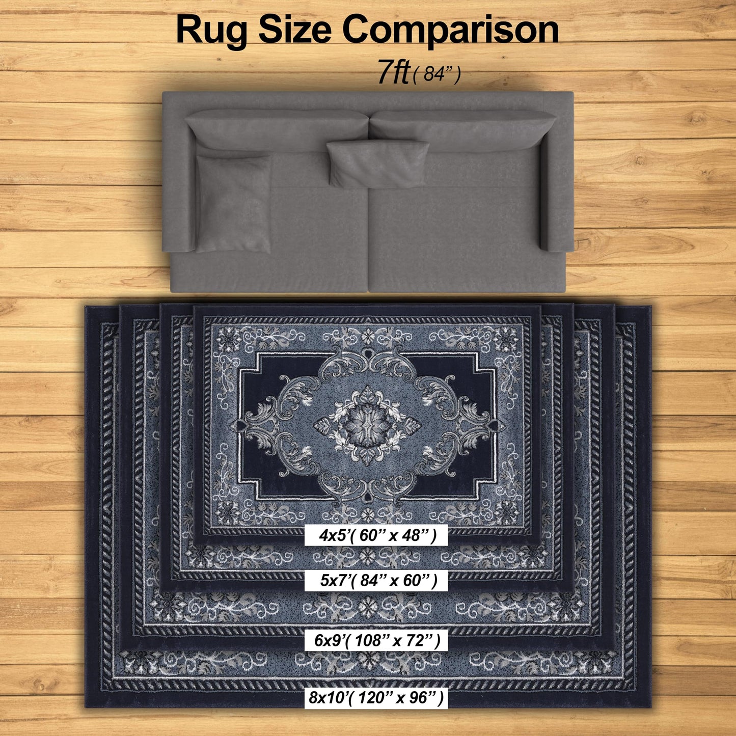 HADBA Modern 5x7 Navy Traditional Living Room Rug - Area Rugs for Living Room Dining & Bedroom - Hand Carved Runner Carpet - Durable Polyester - Non-Fade Stain-Resistant - Turkish Made