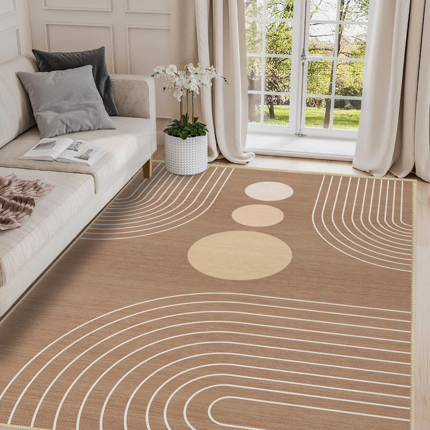 Boho Rug 3x5 Modern Geometric Minimalist Abstract Line Area Rug for Entryway Living Room Brown Mid Century Modern Machine Washable Non-Slip Printed Low-Pile Floor Carpet for Kitchen Bedroom Brown