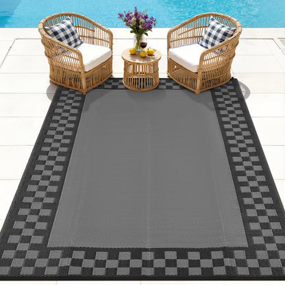 Checkered Outdoor Rug 8x10 Waterproof Modern Bordered Patio Rugs Plastic Straw Rug Large Indoor Outdoor Throw Carpets Reversible Mat for Picnic, Backyard, Rv, Beach, Deck, Camper, Balcony, Grey