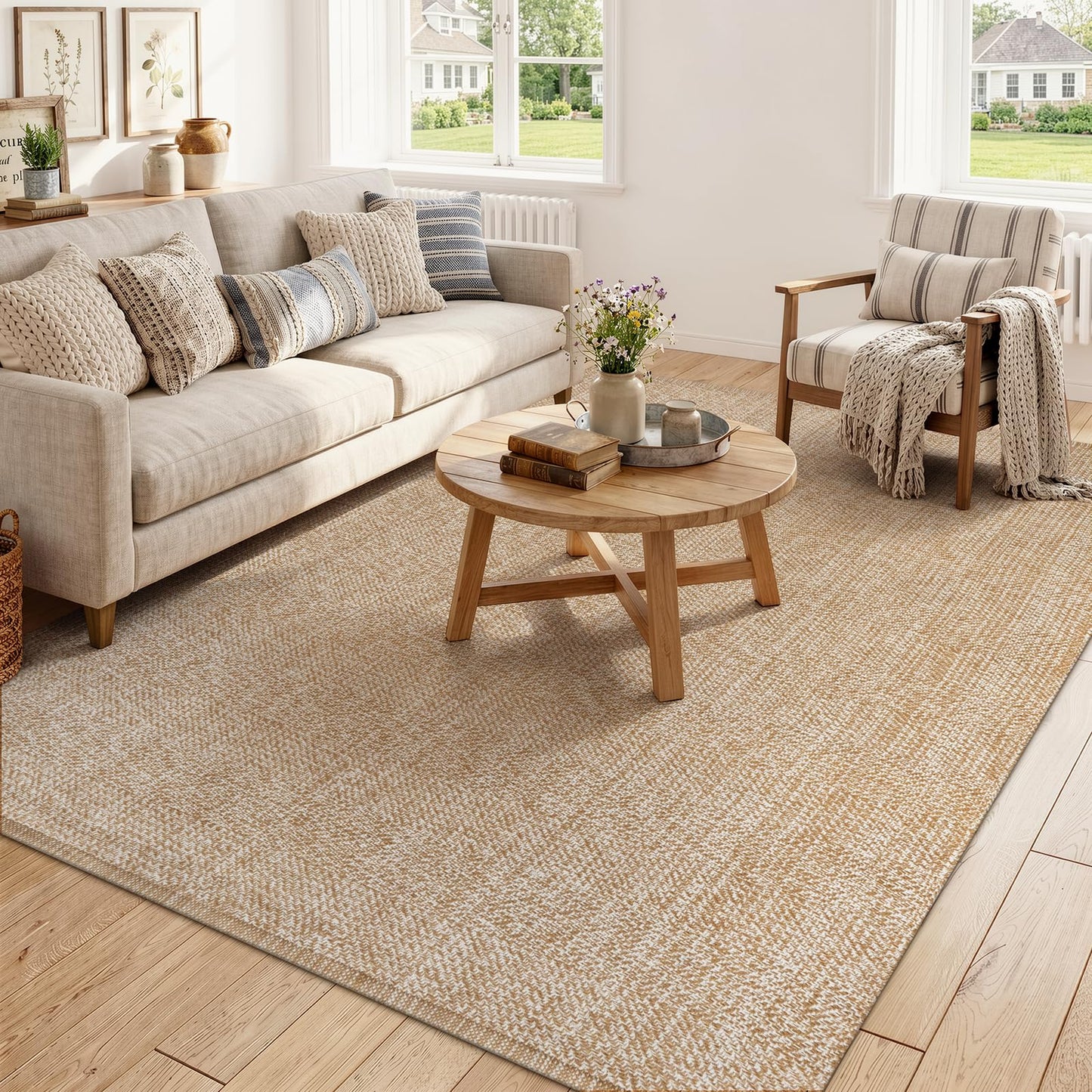 Collive Boho Living Room Area Rugs, 5 X 8 ft Washable Moder Woven Cotton Bedroom Rug, Tan Farmhouse Braided Carpets for Dining Room Nursery Room Dorm Patio Balcony Decor