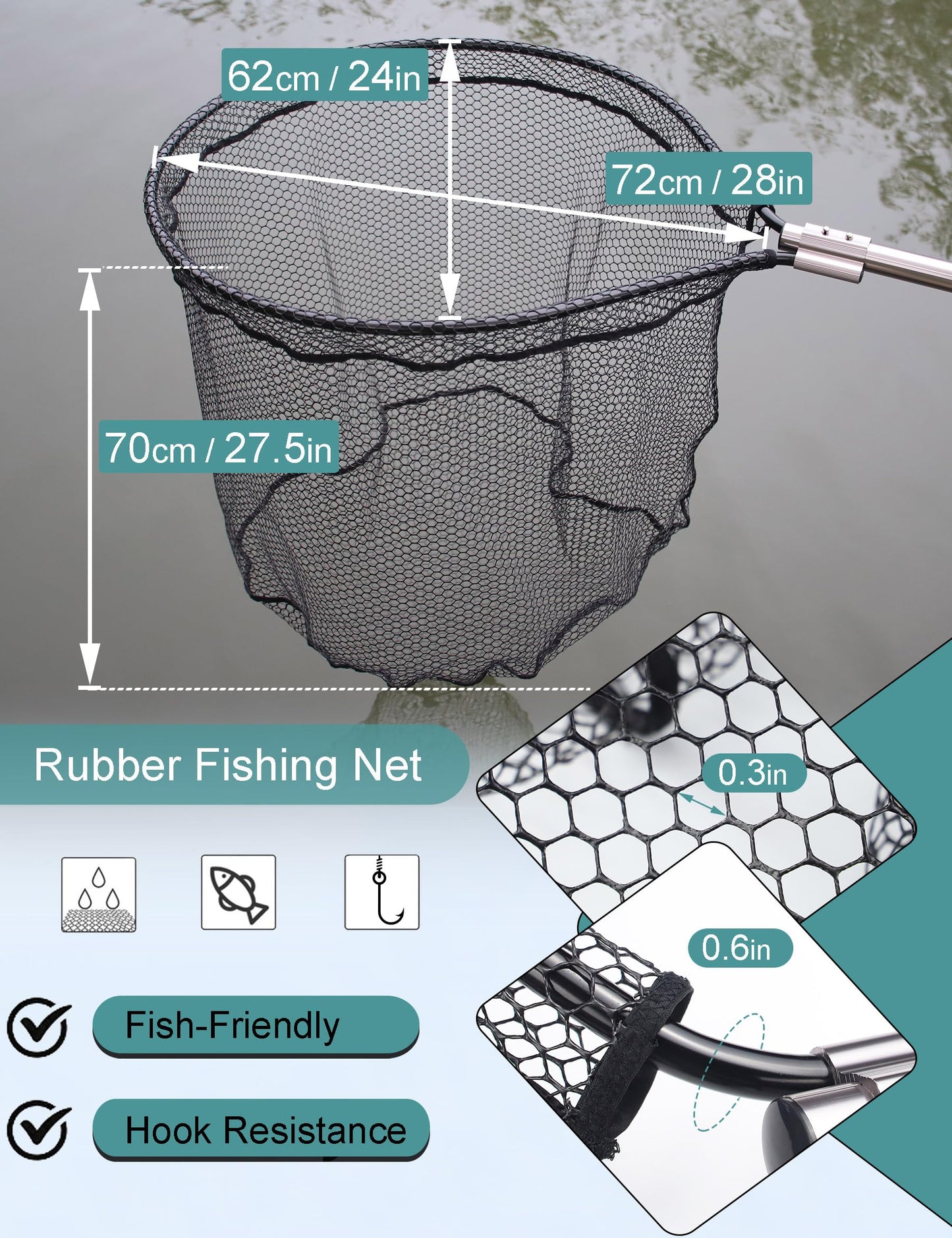 Avlcoaky 94" Telescopic Fishing Landing Net - Heavy-Duty Aluminum Handle with Non-Snag Rubber Coated Mesh, Extra Large Fishing Net for Saltwater Boat Fishing