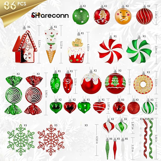 SHareconn 86pcs Christmas Tree Balls Ornaments, Shatterproof Plastic Decorative Baubles for Christmas Tree Decorations, Holiday Wedding Party Decoration, Festive Ornaments, Red Green White