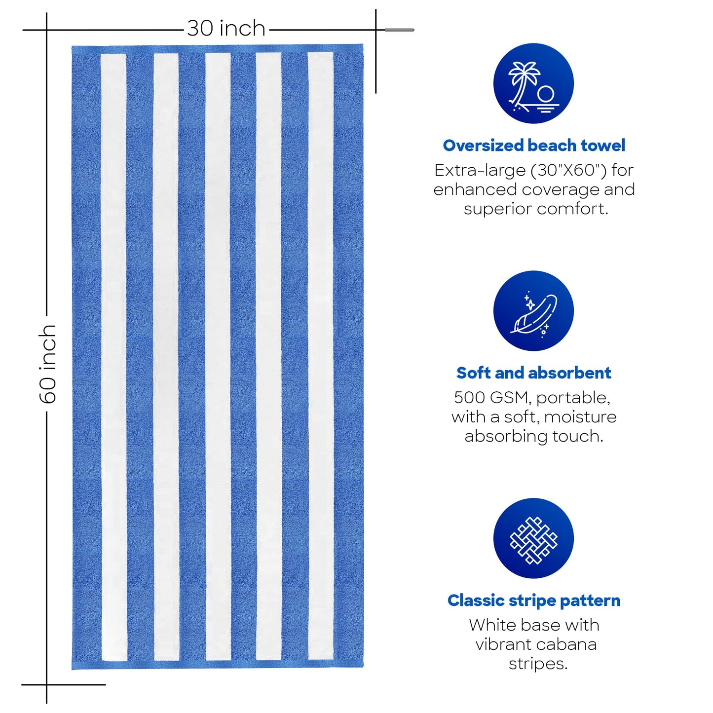 Bliss Casa Beach Towels — 4 Pack, 30 x 60 in — Premium Cotton-Rich Blend, Soft, Absorbent & Quick-Dry Pool Towels, Oversized Cabana Stripes Pool Towel