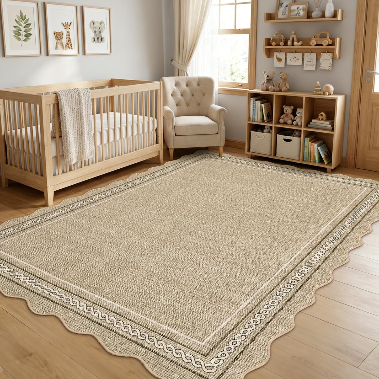 Garvee Scalloped Washable 5x7 Area Rugs for Living Room, Non Slip Neutral Bordered Soft Non Shedding Bedroom Rugs Foldable Low Pile Stain Resistant Carpet for Playroom Nursery Dining Room, Jute Color
