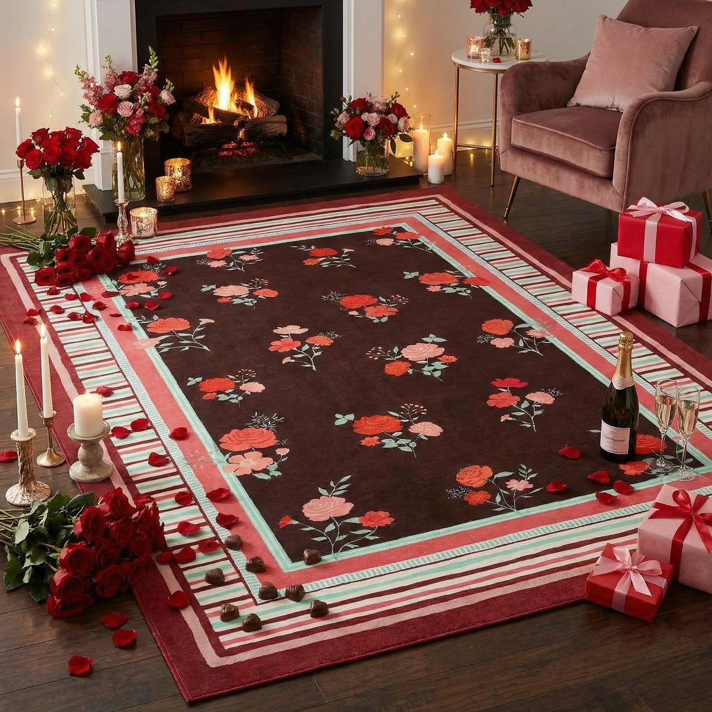 GarveeHome Red 8x10 Area Rug, Vintage Floral Design, Machine Washable Rug Low Pile, Lightweight Non Slip, Soft Carpet for Living Room Bedroom Dining Room Nursery