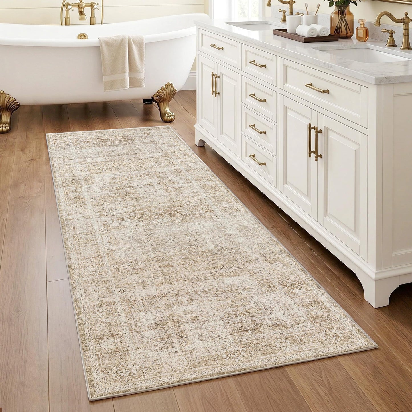 Beauoop 2x6 Hallway Runner Rug Beige Washable Vintage Distressed Neutral Retro Carpet Non Slip Soft Cream Low Pile Indoor Rug for Entryway Kitchen Bedroom Bathroom Laundry Bedside Entrance Living Room