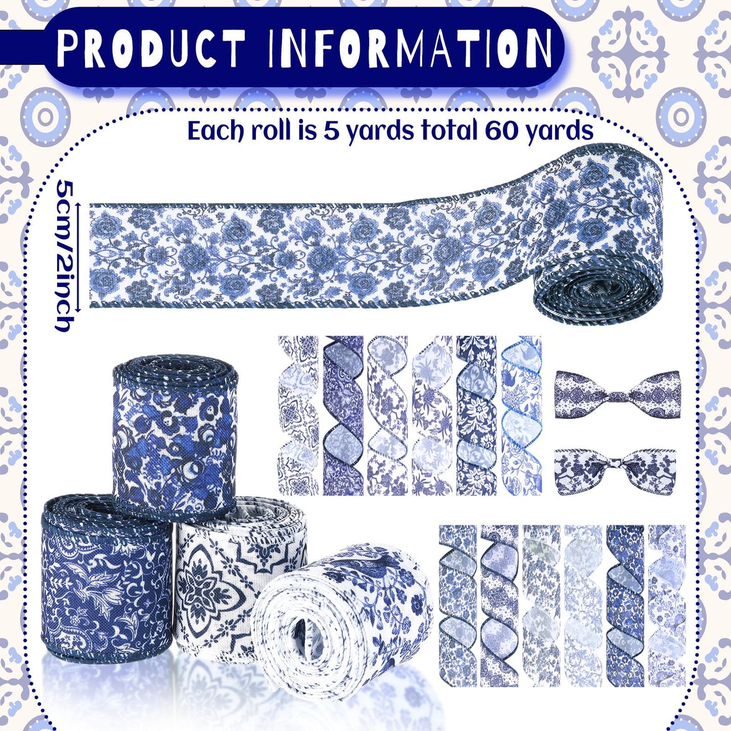 Chunful 12 Rolls Blue Floral Wired Edge Ribbon for Wreaths 2 Inch x 60 Yards Chinoiserie Print Grosgrain Ribbon for Gift Wrapping Hair Bow Sewing Wreath Party Supplies 12 Styles