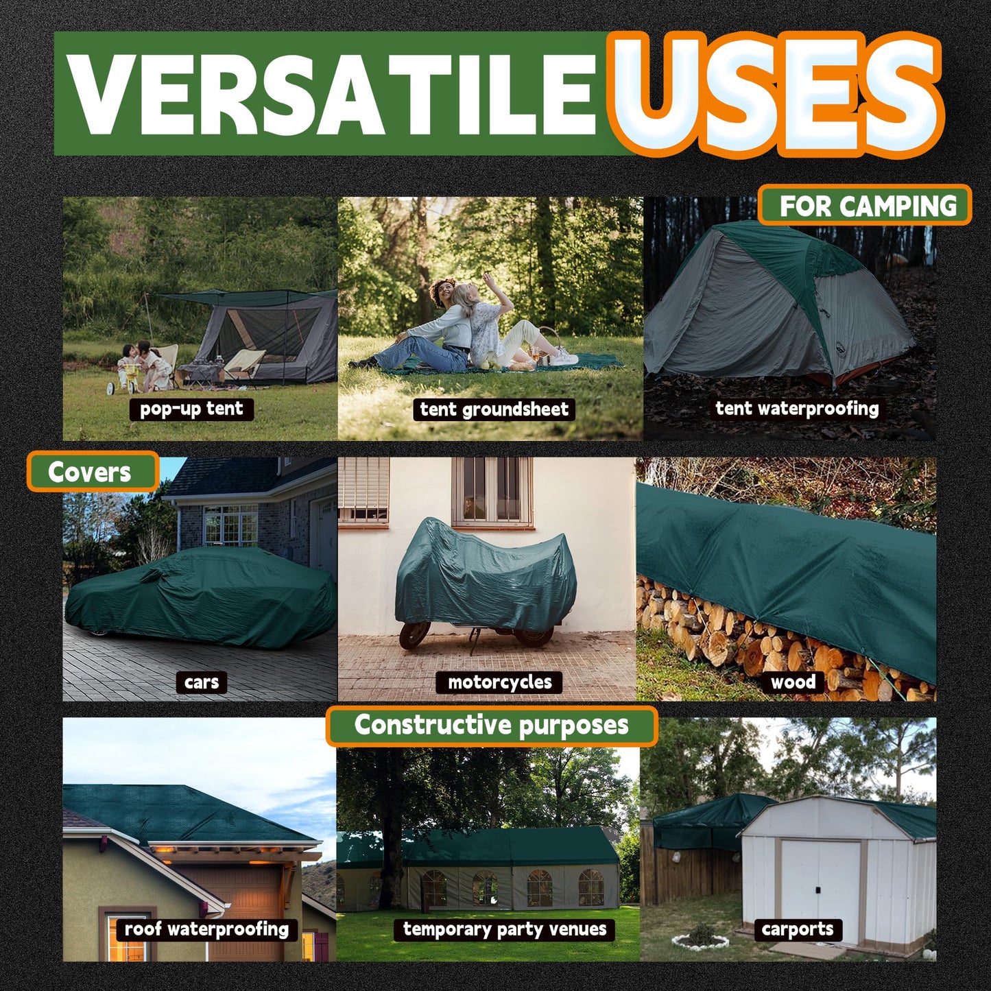 RAINDEWAY Green Tarp 8x10 Feet,Finished Size,5.5 Mil Thick,Multipurpose Waterproof Poly Tarps Cover with Metal Grommets and Reinforced Edges