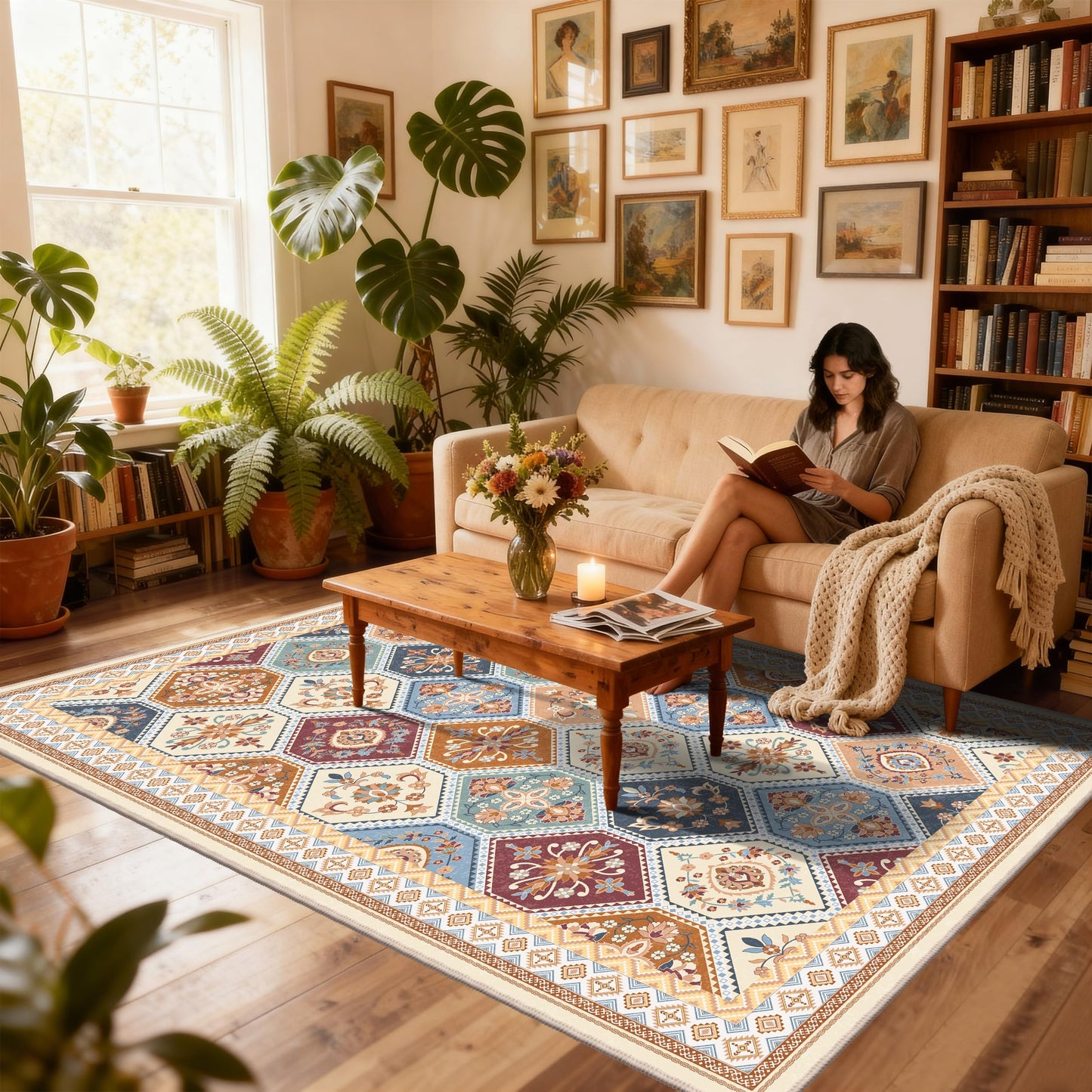 TTelephant Area Rugs 5x7, Washable Rugs for Living Room, Soft Non-Slip Boho Moroccan Rug, Low-Pile Printed Carpet for Bedroom, Dining Room, Playroom -Multi
