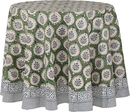ATOSII Kari Green 100% Cotton Round Boho Spring Summer Tablecloth, Block Print Floral Table Cloth Linen for Dining, Parties, Weddings, OutdoorsI Home Table Decor 72" Inches Round