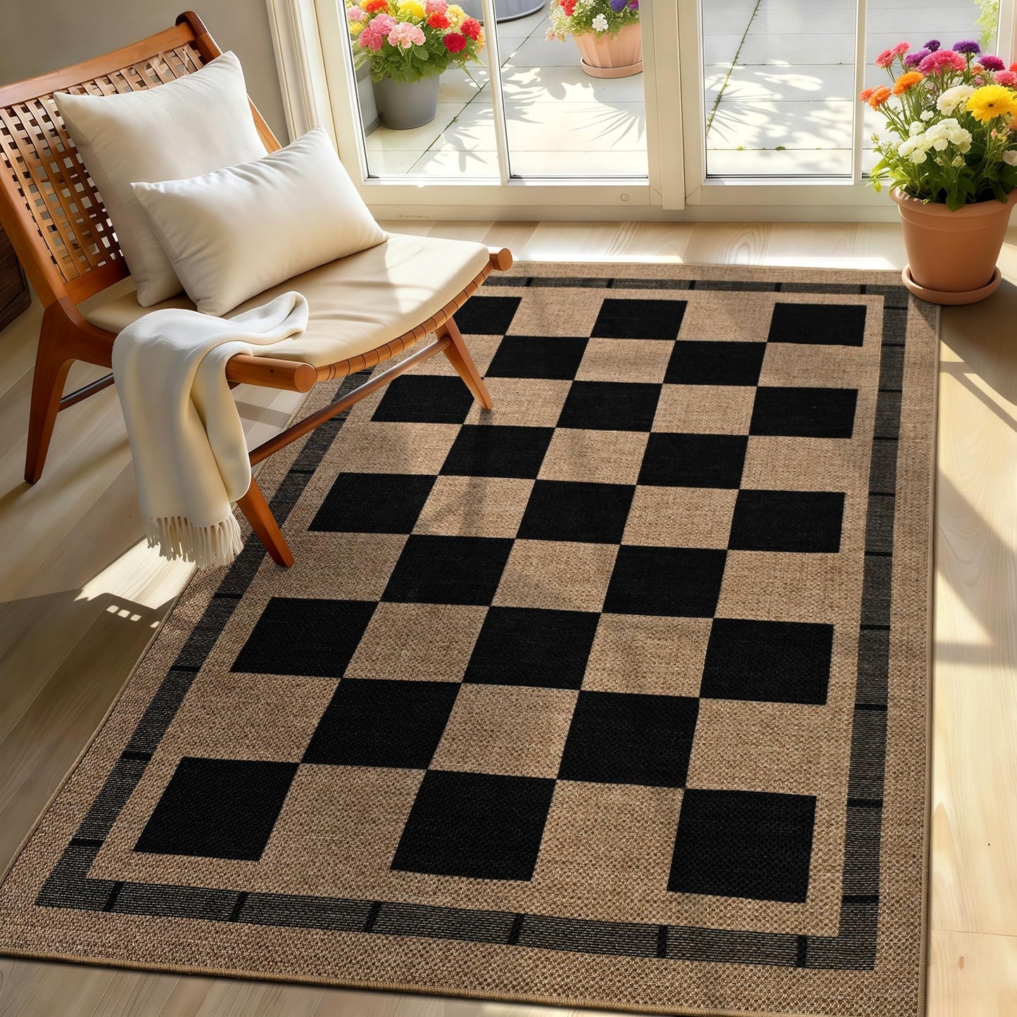 3x5 Outdoor Rug, Jute Checkered Rugs, Patio, Entryway, Balcony, Porch Indoor Plaid Carpets, Washable Bedroom Kitchen Carpet, Non Slip Farmhouse Neutral Laundry Office Floor Mat, Black and Brown