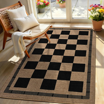 3x5 Outdoor Rug, Jute Checkered Rugs, Patio, Entryway, Balcony, Porch Indoor Plaid Carpets, Washable Bedroom Kitchen Carpet, Non Slip Farmhouse Neutral Laundry Office Floor Mat, Black and Brown