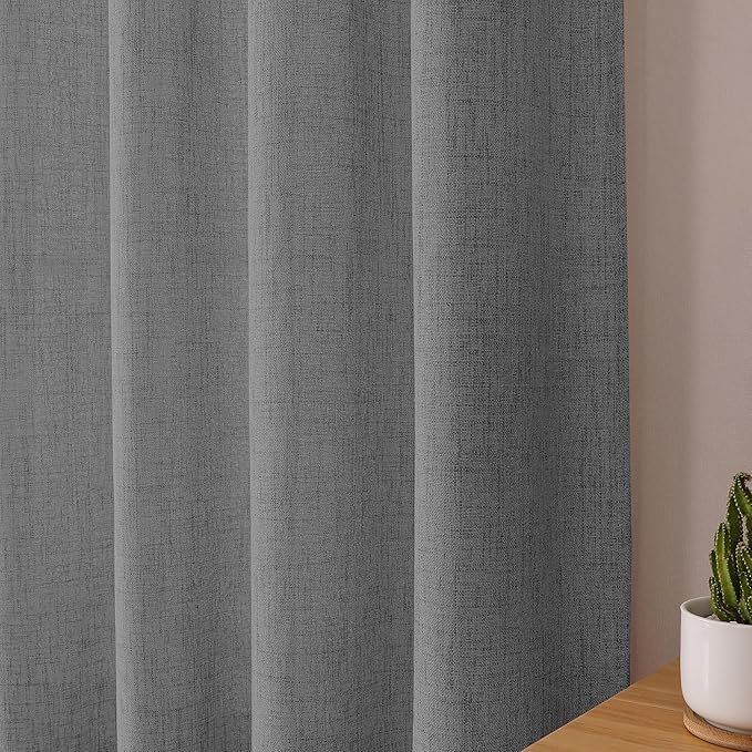 Tollpiz Short Linen Curtains Bedroom Rod Pocket Semi Sheer Curtain Burlap Light Filtering Thick Linen Drapes for Living Room, 38 x 45 inches Long, Dark Grey, Set of 2 Panels