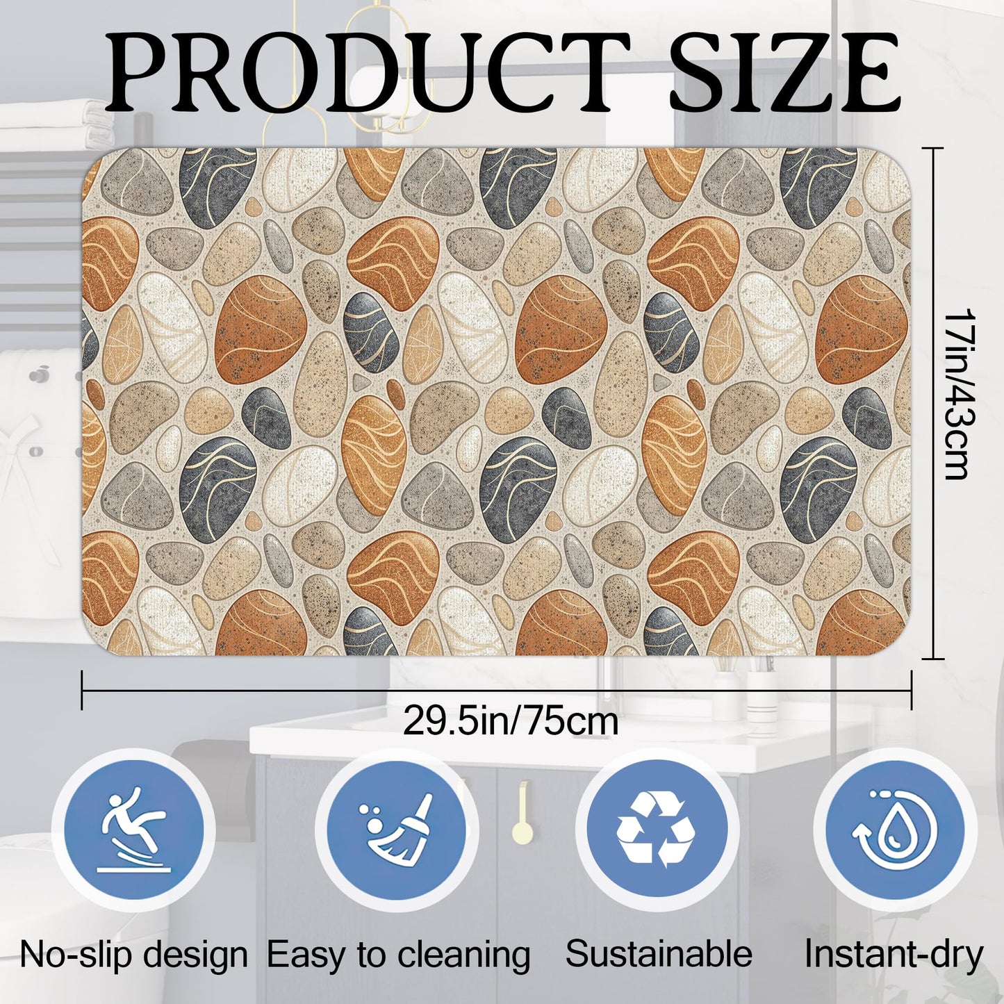 Elightvap Abstract Pebbles Stone Print Bathroom Mat Quick Drying Non Slip Bath Mats Absorbent,Bath Mat Quick Dry Bathroom Rug in Front of The Kitchen Sink, Shower Room, Bathtub,17 * 29.5 Inches