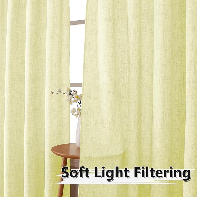 Tollpiz Short Linen Curtain Bedroom Rod Pocket Semi Sheer Curtains Burlap Light Filtering Thick Linen Drape for Living Room, 38 x 54 inches Long, Cream Yellow, Set of 2 Panels
