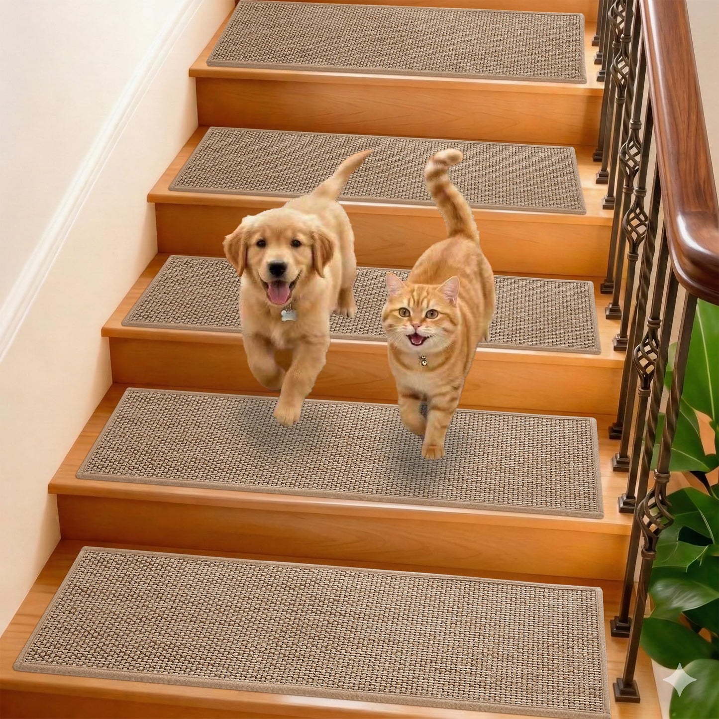GROWLING Linen Stair Treads for Wooden Steps Indoor 30x8 inch, 15pcs Upgraded Self Adhesive Backing Non Slip Stair Carpets, Peel and Stick Stair Runner Rugs, Reusable Staircase Step Treads(Beige)