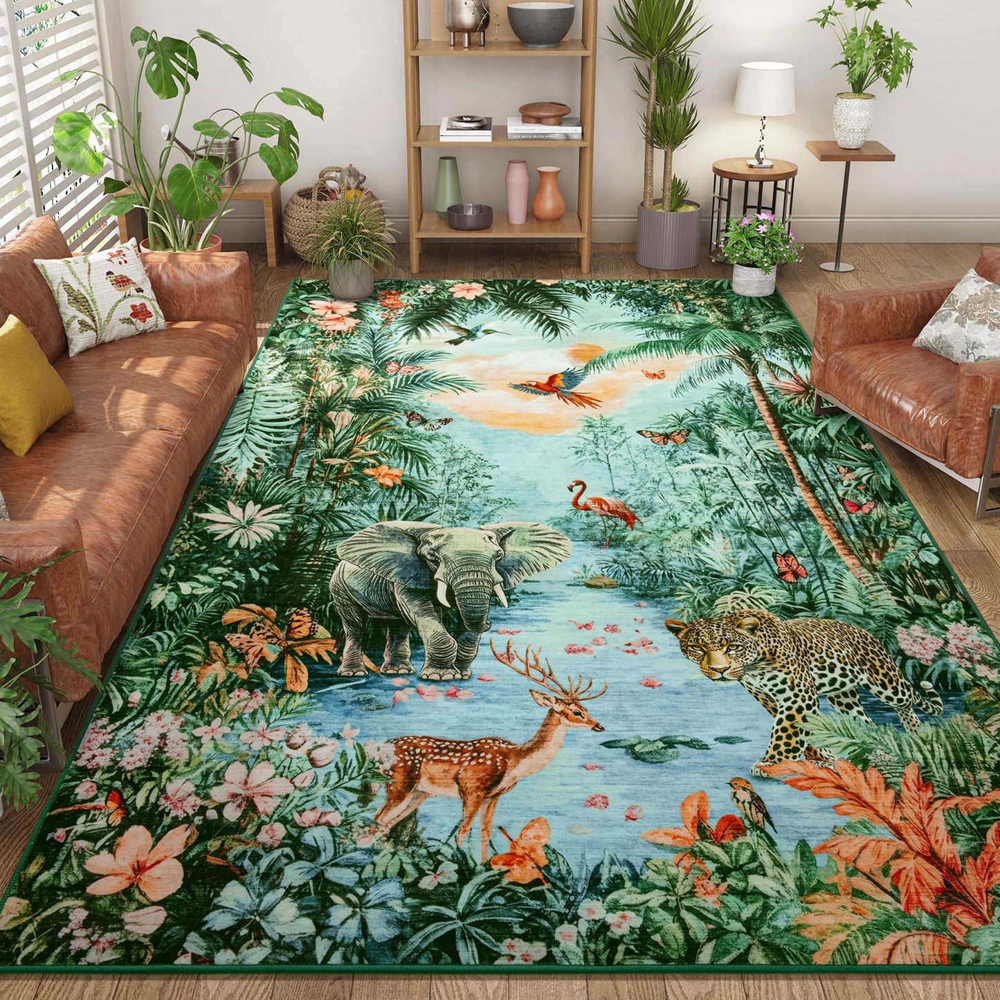 Amearea Jungle Print 5x7 Area Rug for Living Room, Washable Green Rugs for Bedroom, Forest Animal Rug Low Pile Kids Nursery Room Rug, Leopard Rugs Carpet for Boys Girls Playroom Dining Room Decor