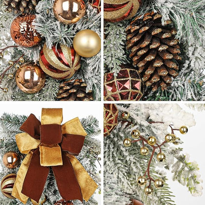 30" Christmas Teardrop Swag for Front Door Artificial Winter Swag Garland with Pine Cones, Berry Clusters, Bronze Ball Ornaments and Ribbons for Thanksgiving Holiday Christmas Decoration