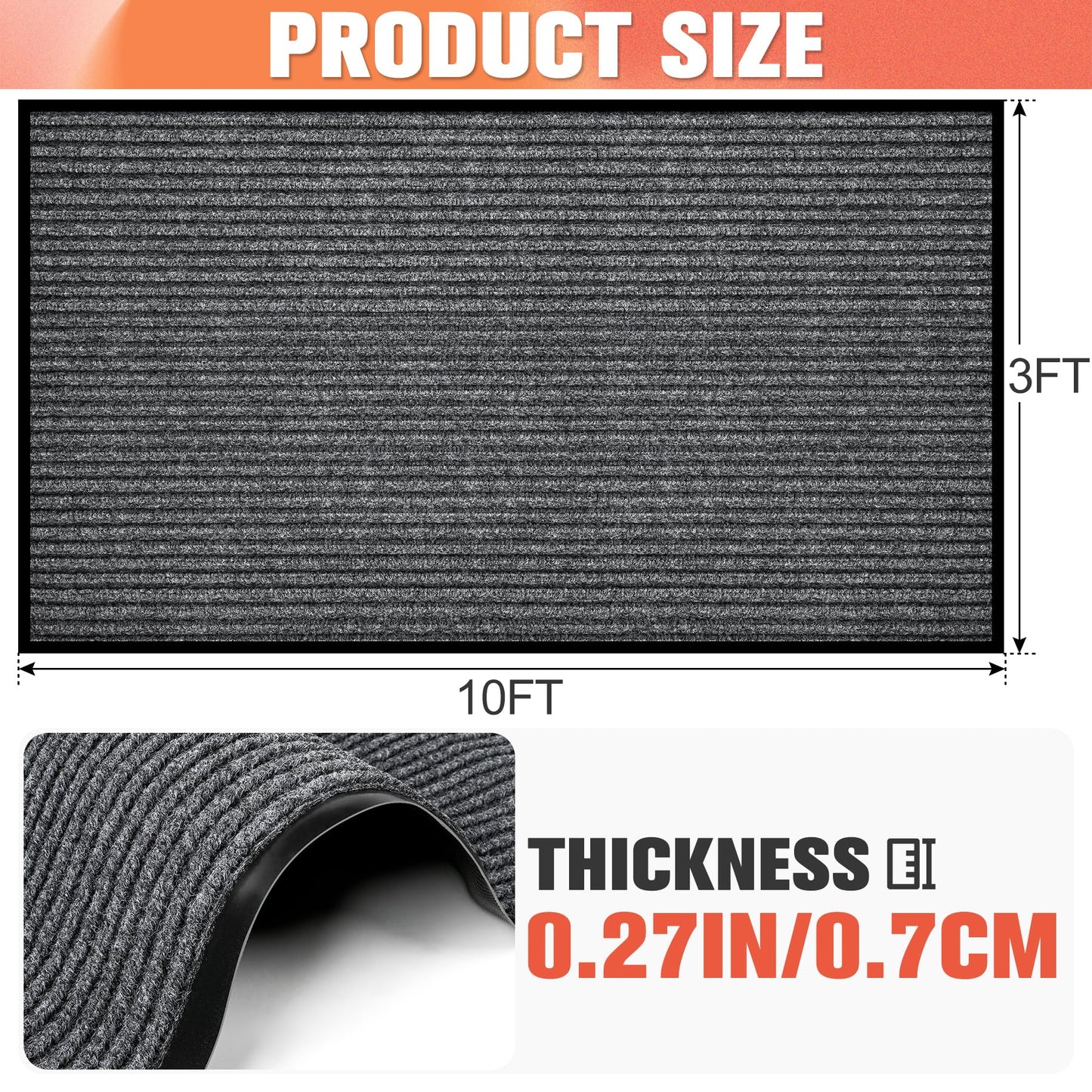 MYFAMIREA Commercial Floor Mat 3' x 10' Extra Large Front Door Industrial Rug Heavy Duty Brush Step Entrance Mat Weather Utility Rug with Non Slip Rubber Backing Low Profile for Entryway,Charcoal Grey