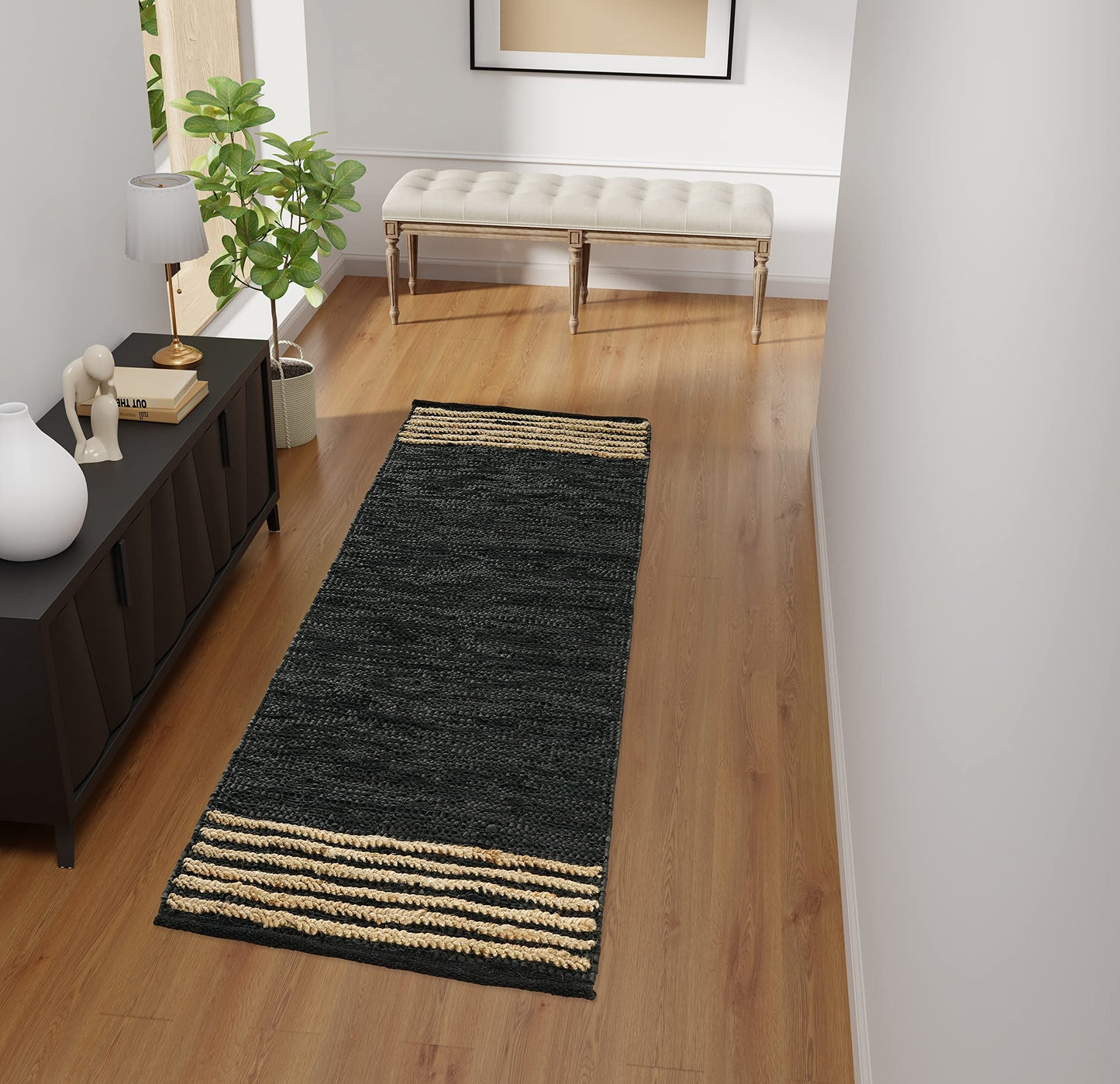 GRUHUM Jute Runner Rug 2'6"x 8' ft Natural Fiber Leather Black Jute Area Rug Handwoven Boho Farmhouse Braided Rustic Vintage Ecofriendly Indoor Rugs for Kitchen Living Room Bedroom Hallways Entryways
